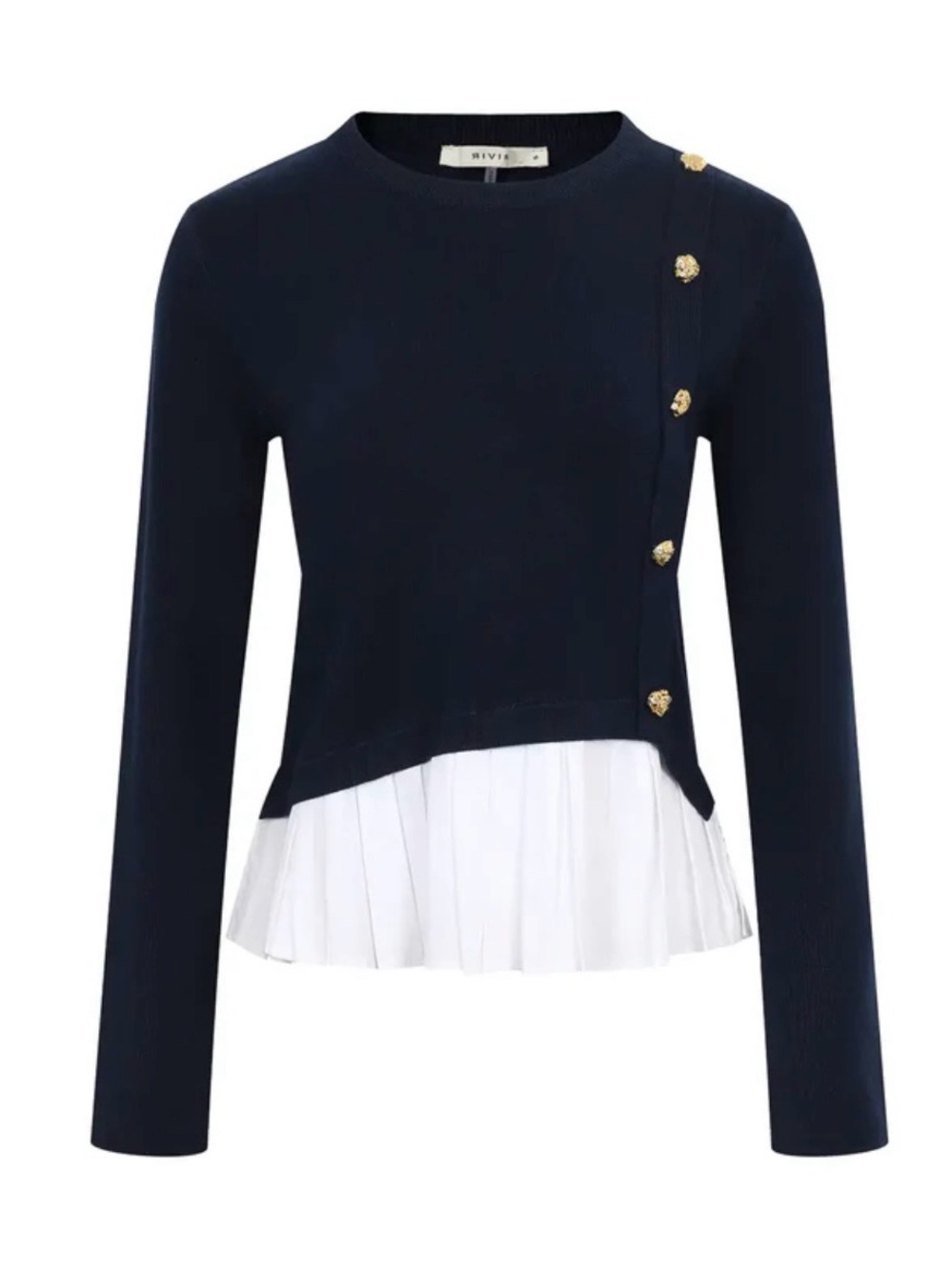 RIVIR Navy Knit Mixed Media Top with White Pleated Hem & Gold Buttons - L